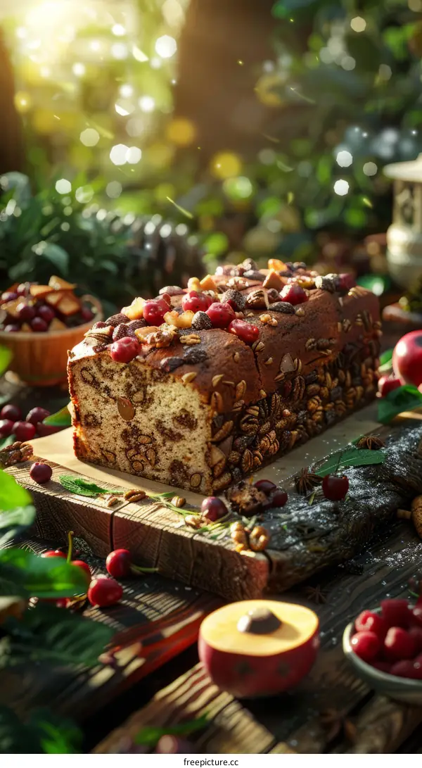 Close up of homemade nutty Christmas fruitcake on wooden table