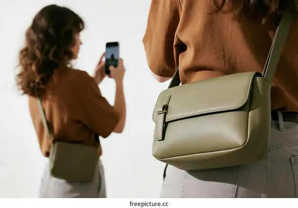 Two women with different green crossbody bags taking photos