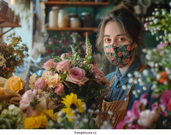 Portrait of a young florist wearing a mask standing in a flower shop