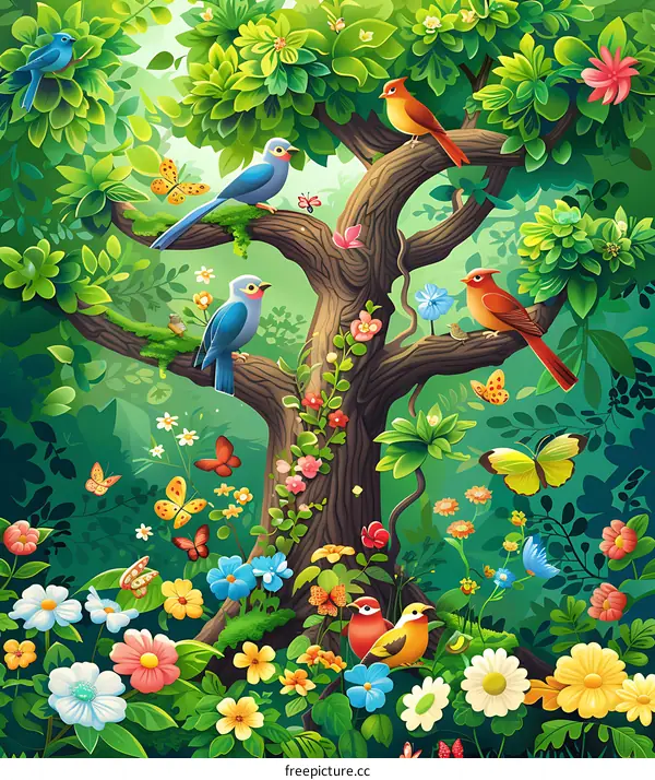 Beautiful Spring Garden Illustration with Flowers, Birds, and Butterflies
