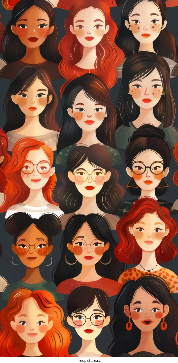 Diverse group of women with different skin tones, hair colors, and facial features