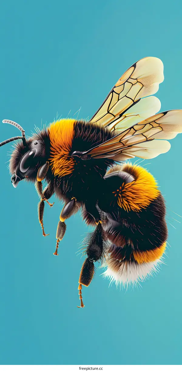 Bumblebee in Flight on Blue