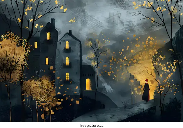 The girl in the red cloak is walking in the autumn forest