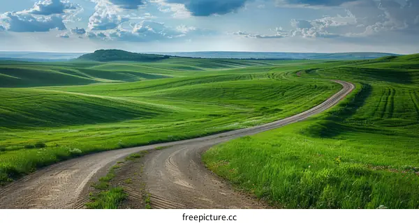 Scenic view of a rural dirt road through a lush green field