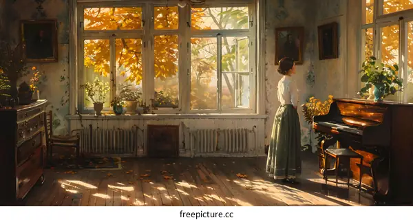 A young woman standing in a room with a piano and a large window