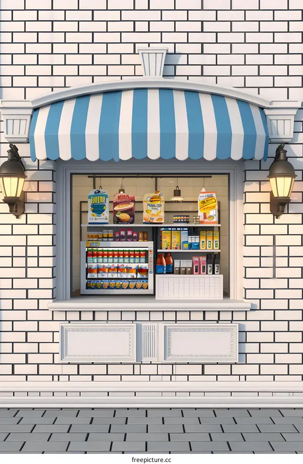 Front View of a Small Store with a Blue and White Striped Awning