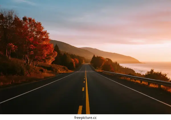 Scenic road with autumn trees and sunset in the distance