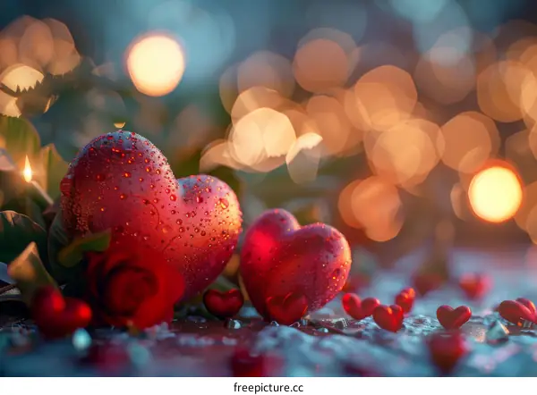 Two Red Hearts with Roses on a Blurry Light Background