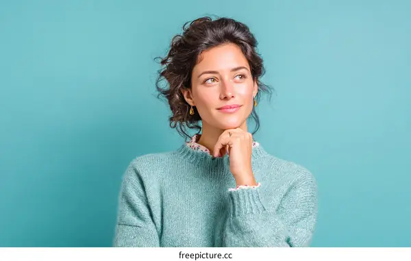 Thoughtful Woman in Teal Sweater Studio Portrait