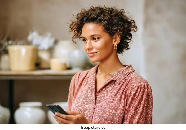 A woman with curly hair holding a smartphone in a pottery studio