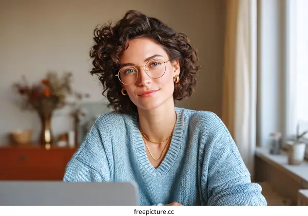 Young Woman Working on Laptop in Cozy Home Office