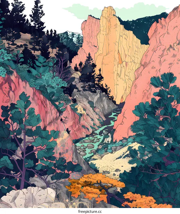 Mountain Range Landscape Illustration with Colorful Cliffs and Trees