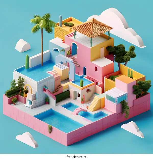 Colorful 3D Illustration of a Modernist Building with Pools and Palm Trees
