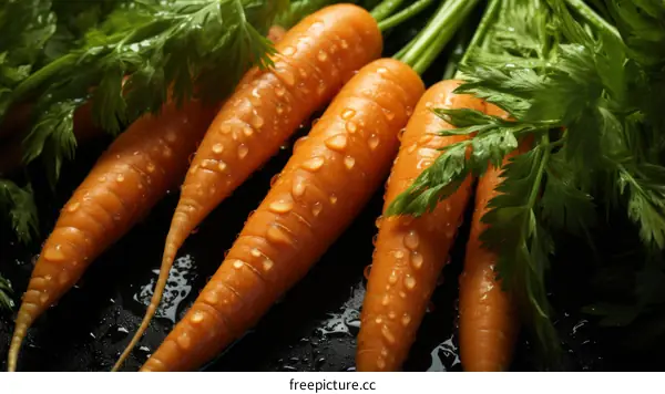 Close-up of fresh carrots with green leaves