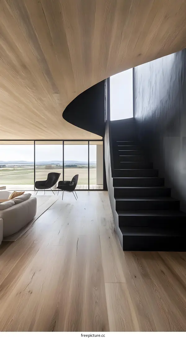 Modern Interior Design With Curved Wooden Ceiling and Black Staircase