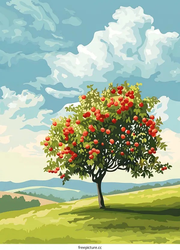 Fruit Tree in a Green Meadow Under a Blue Sky with Fluffy Clouds