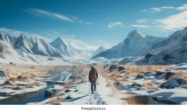 A lone hiker traverses a snowy mountain landscape with a backpack