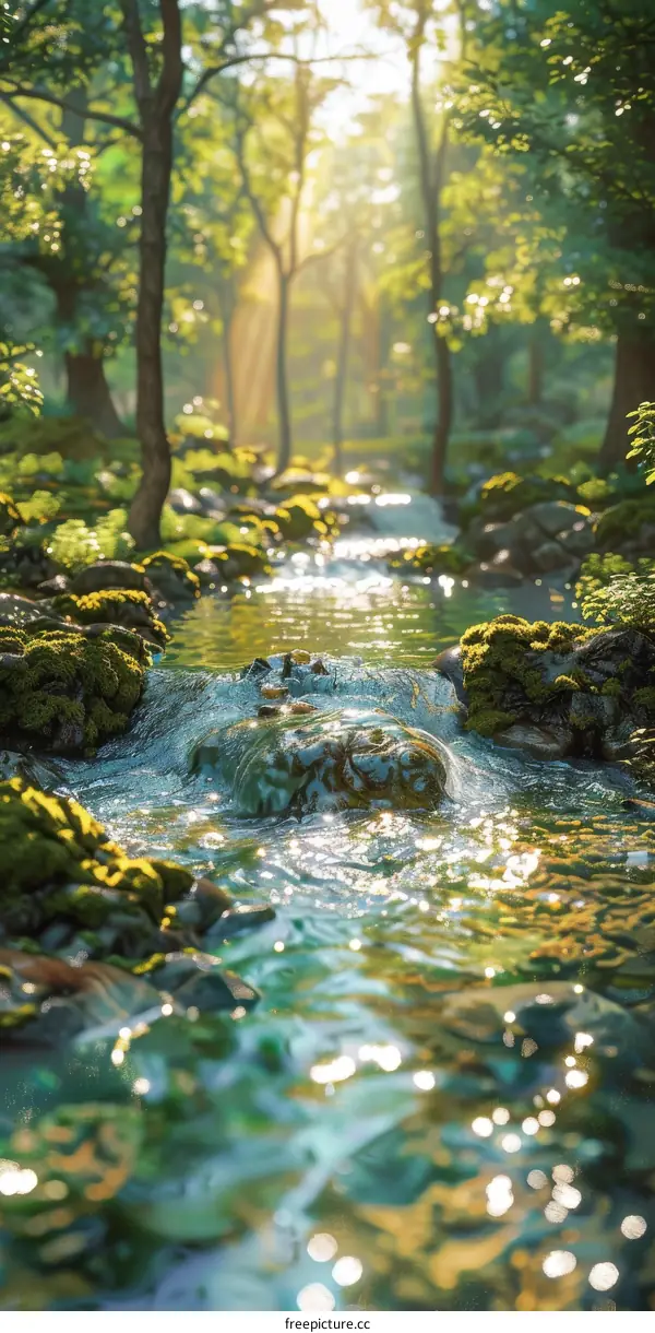 Small creek flowing through a lush green forest with bright sun rays shining through the trees