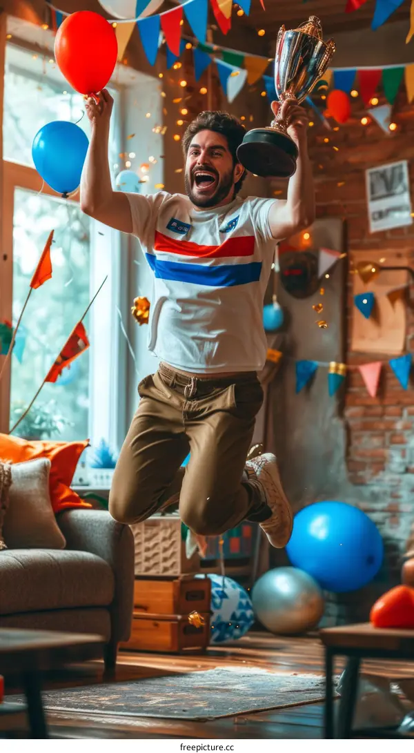 Ecstatic man celebrating victory while jumping in living room decorated with balloons and party flags