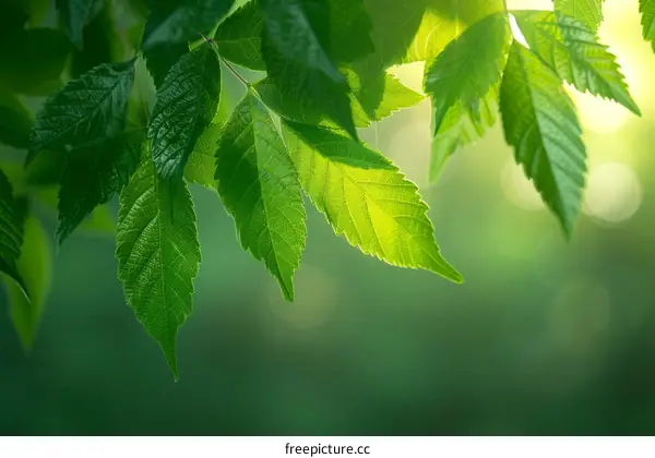 Close-up of green leaves with sunlight shining through