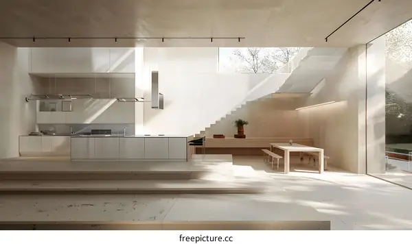 Modern Minimalist Kitchen Interior Design with Stairs and Large Window