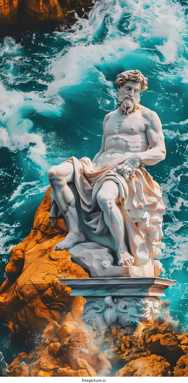 Ancient Statue of Poseidon in the Ocean Waves