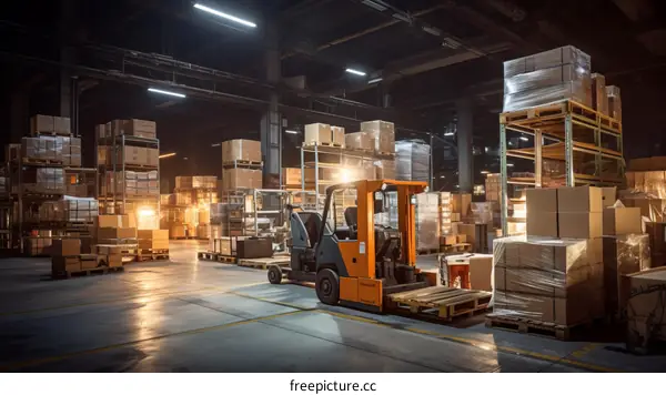 Forklift Operating in a Busy Warehouse