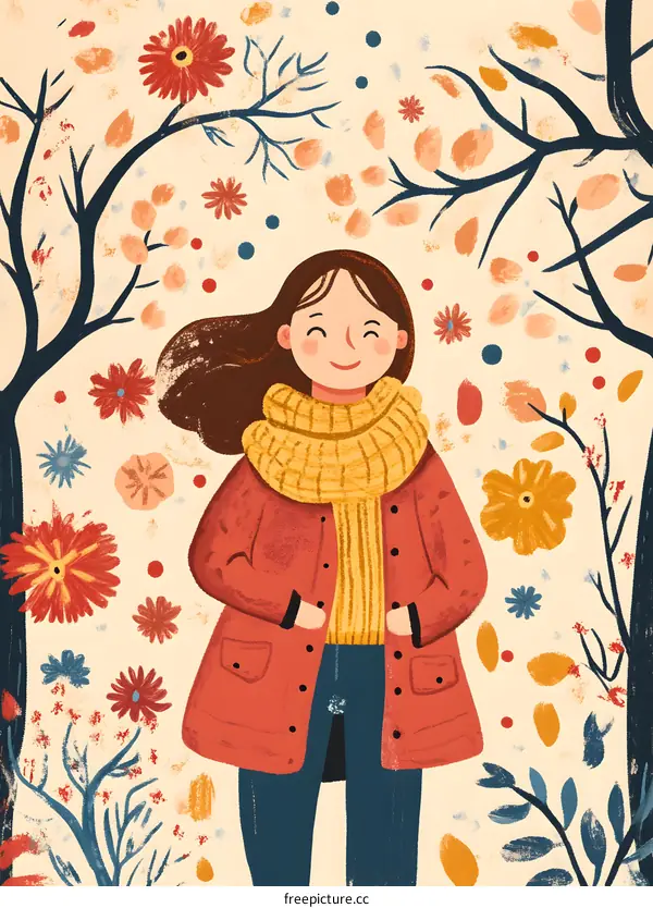 Smiling Woman in Red Coat Standing in Autumn Forest