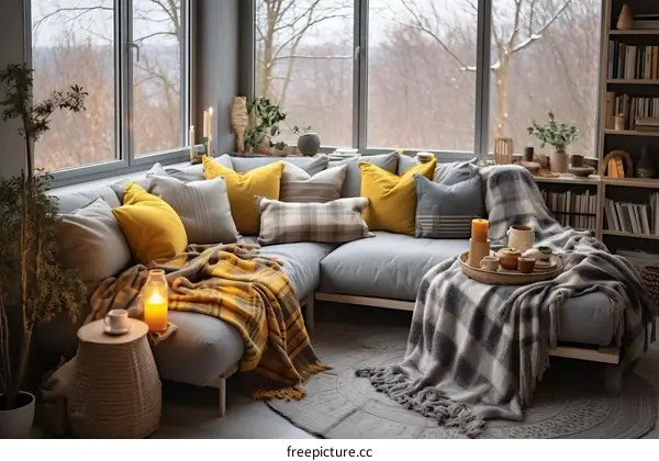 A Large Sectional Sofa in a Living Room with Cozy Pillows and Blankets, With a View of the Woods Outside
