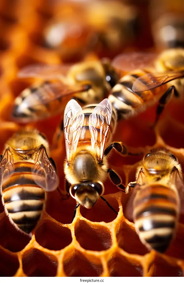 A bee on a honeycomb surrounded by other bees