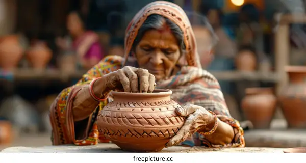 An Indian woman making pottery