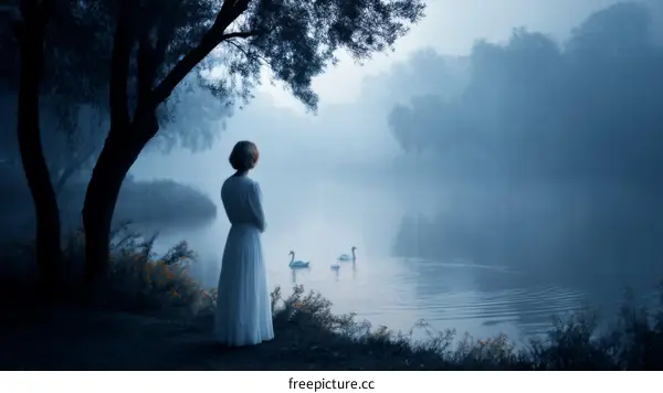 Misty Morning by the Lake with a Woman