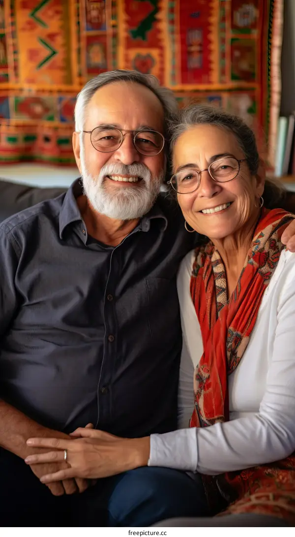 Smiling elderly couple sitting on a couch