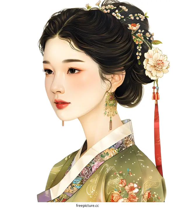 A beautiful illustration of a young woman in a traditional Korean dress