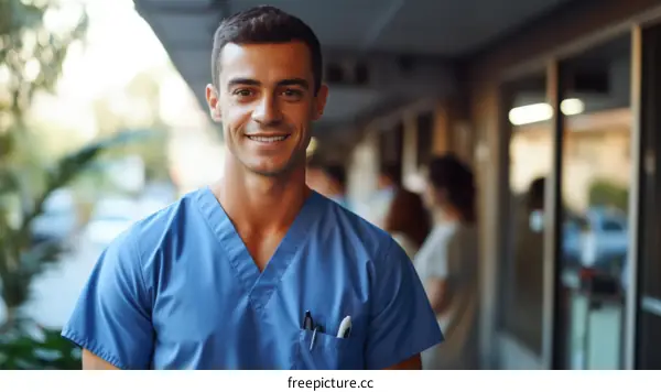 Portrait of a smiling young male doctor in blue scrubs