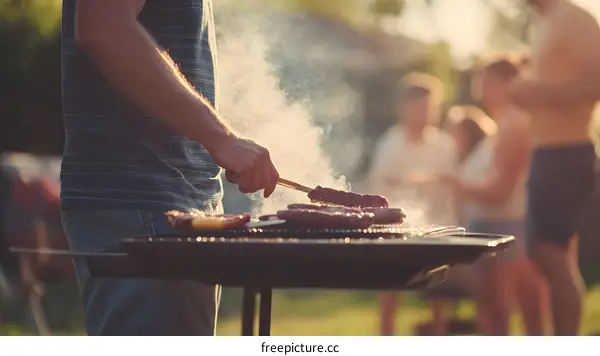 Man Grilling Meat at a Backyard Summer Gathering