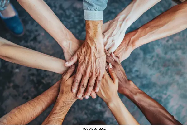 Multiracial group of people joining their hands together