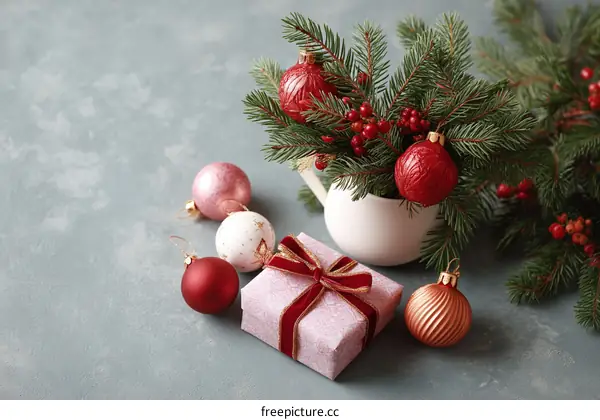 Christmas Decoration Arrangement on Gray Background