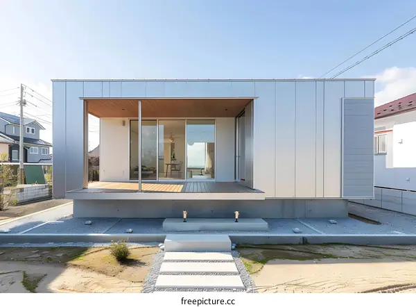 Modern House Exterior With Wooden Deck And Stone Steps