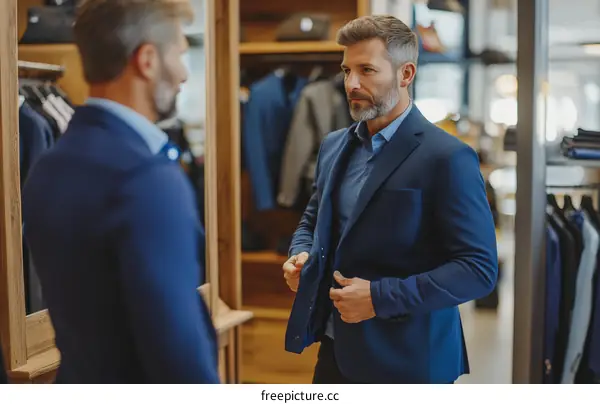 Man Trying On Blue Suit in Menswear Shop
