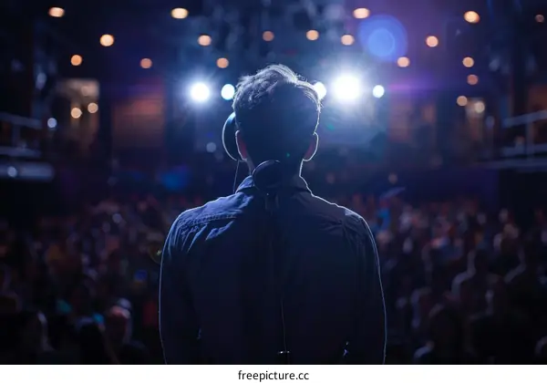 Man standing on stage in front of large audience giving speech or presentation