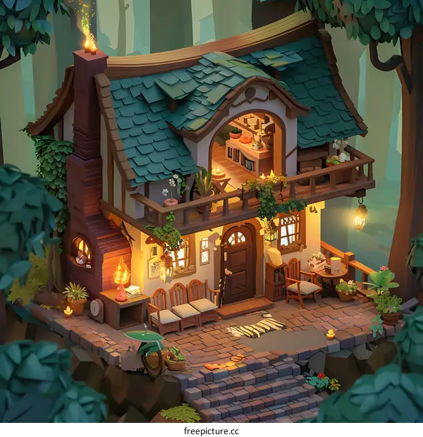 Cozy Forest Cottage with Green Roof and Porch