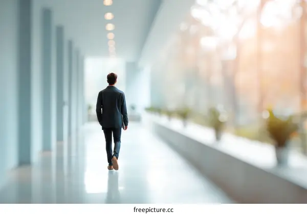 Businessman Walking in a Modern Office Corridor