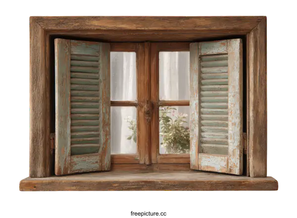 [Transparent Background PNG]Vintage Wooden Window with Shutters
