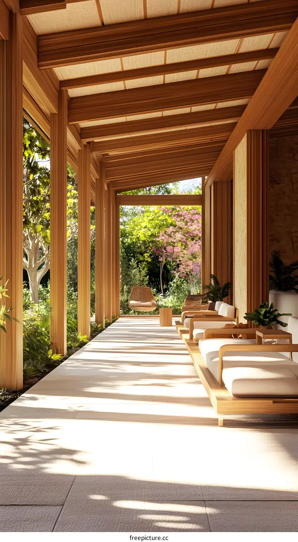 Modern Minimalist Patio Design with Wooden Beams and Green Plants