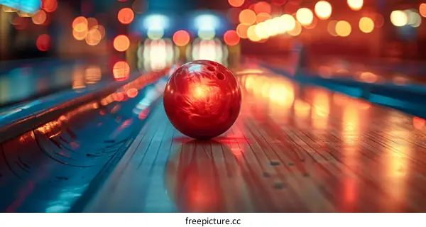 Red Bowling Ball on Lane with Blurred Lights