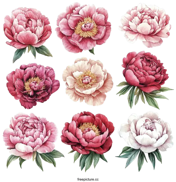 [Transparent Background PNG]Beautiful Watercolor Peony Flowers Set