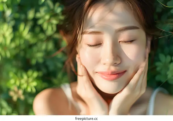 Smiling Asian Woman with Closed Eyes Lying on Grass