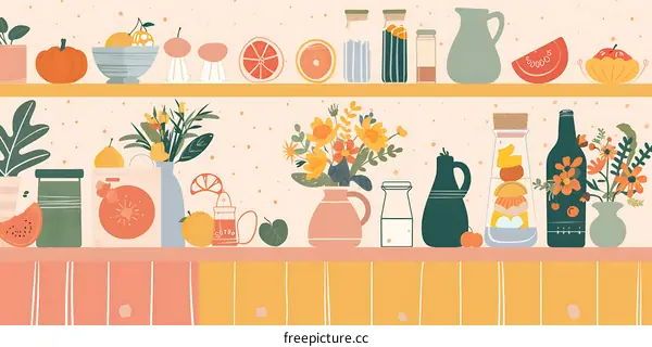Colorful Still Life with Fruits and Flowers on a Shelf