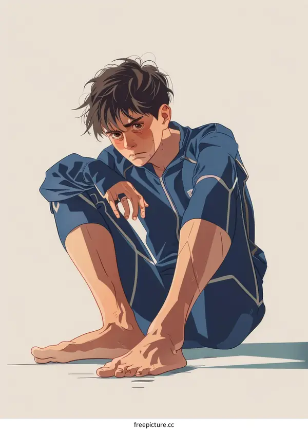 Illustration of a barefoot young male in a tracksuit sitting on the floor
